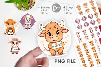 Valentine Highland Cow Cartoon Sticker Sublimation artnoy 
