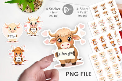 Valentine Highland Cow Cartoon Sticker Sublimation artnoy 