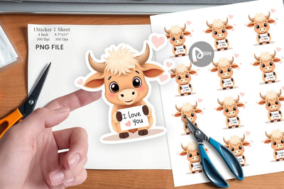 Valentine Highland Cow Cartoon Sticker Sublimation artnoy 