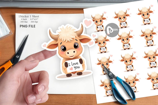 Valentine Highland Cow Cartoon Sticker Sublimation artnoy 