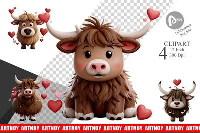 Valentine Highland Cow Clipart Sublimation artnoy 