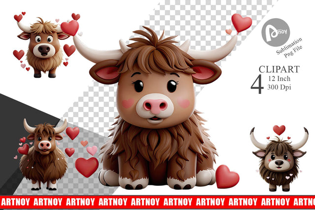 Valentine Highland Cow Clipart Sublimation artnoy 