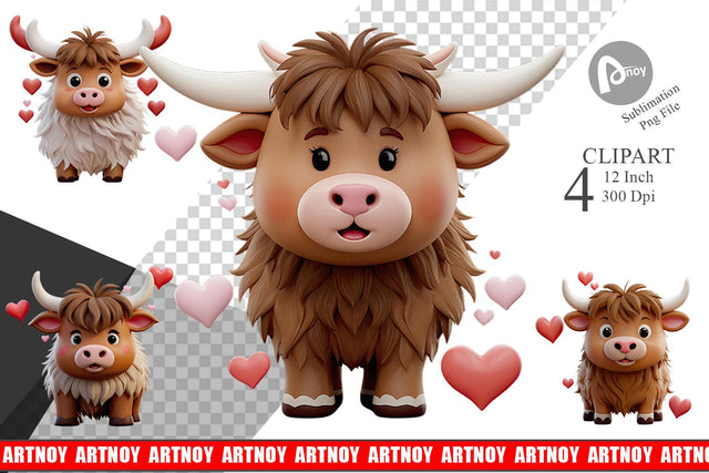 Valentine Highland Cow Clipart Sublimation artnoy 