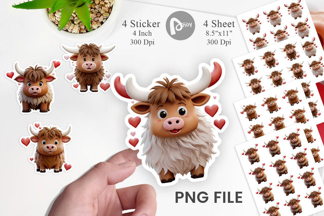 Valentine Highland Cow Sticker Sublimation artnoy 