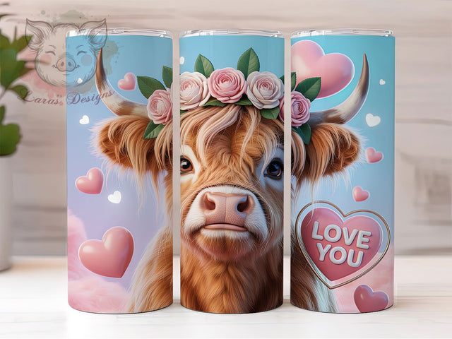 Valentine Highland Cow Tumbler, Valentines Wrap, Love Theme, Sublimation Art, 20oz Tumbler, Bold Pattern, Cute Design Sublimation Lara' s Designs 