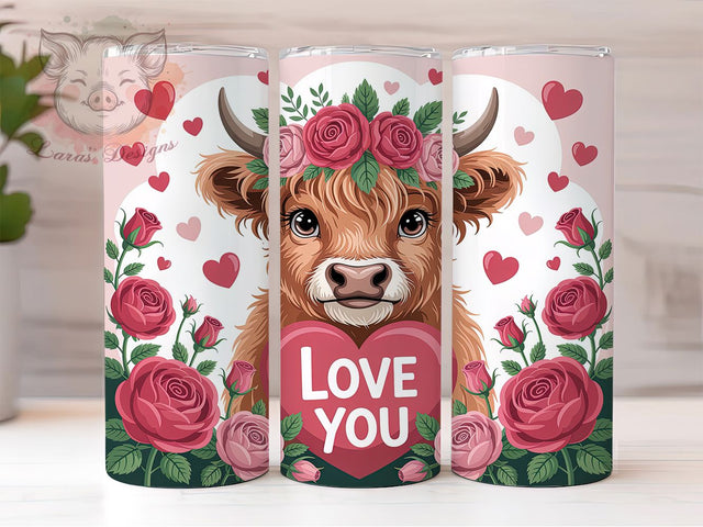 Valentine Highland Cow Tumbler, Valentines Wrap, Love Theme, Sublimation Art, 20oz Tumbler, Bold Pattern, Cute Design Sublimation Lara' s Designs 