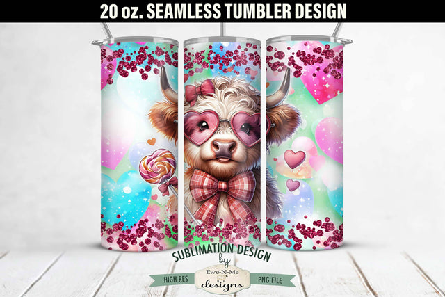Valentine Highland Cow Wearing Glasses 20 oz Seamless Tumbler Wrap Sublimation Ewe-N-Me Designs 