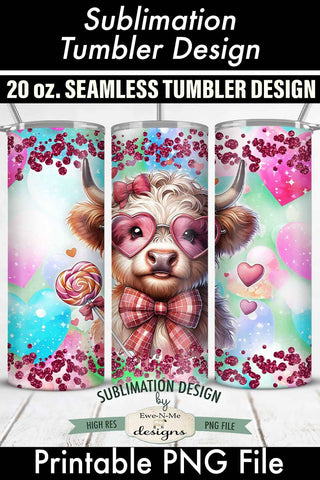 Valentine Highland Cow Wearing Glasses 20 oz Seamless Tumbler Wrap Sublimation Ewe-N-Me Designs 