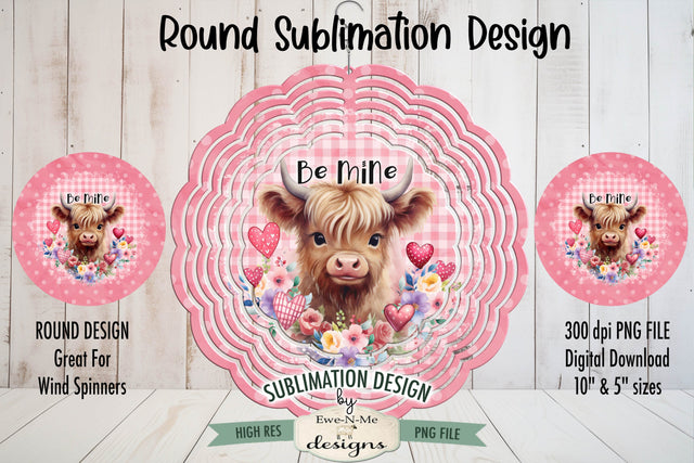 Valentine Highland Cow Wind Spinner Sublimation Design | Round Design Sublimation Ewe-N-Me Designs 