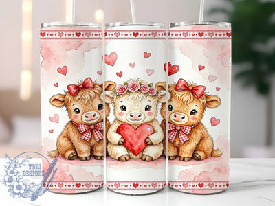 Valentine Highland Cows 20oz Tumbler, Valentine highland cow, Highland cow tumbler, 20oz skinny tumbler, Cute cow design, Valentine tumbler wrap, Sublimation valentine design, Heart cow pattern Sublimation ToriDesigns 