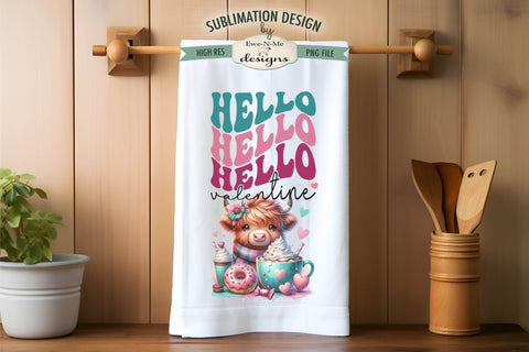 Valentine Highland Cows Hello Love Sublimation Towel Designs - Coffee and Donuts Sublimation Ewe-N-Me Designs 