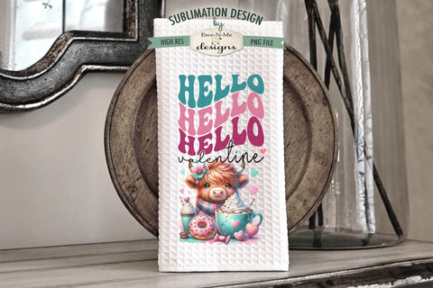 Valentine Highland Cows Hello Love Sublimation Towel Designs - Coffee and Donuts Sublimation Ewe-N-Me Designs 