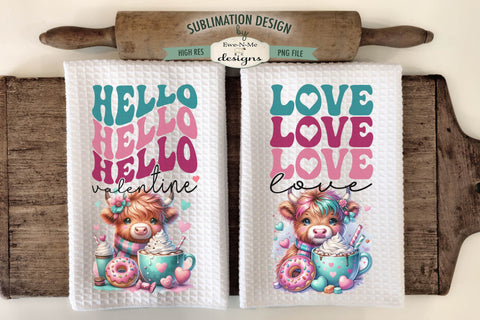 Valentine Highland Cows Hello Love Sublimation Towel Designs - Coffee and Donuts Sublimation Ewe-N-Me Designs 