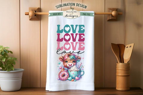 Valentine Highland Cows Hello Love Sublimation Towel Designs - Coffee and Donuts Sublimation Ewe-N-Me Designs 