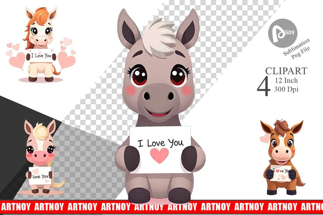 Valentine Horse Cartoon Clipart Sublimation artnoy 