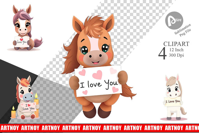 Valentine Horse Cartoon Clipart Sublimation artnoy 