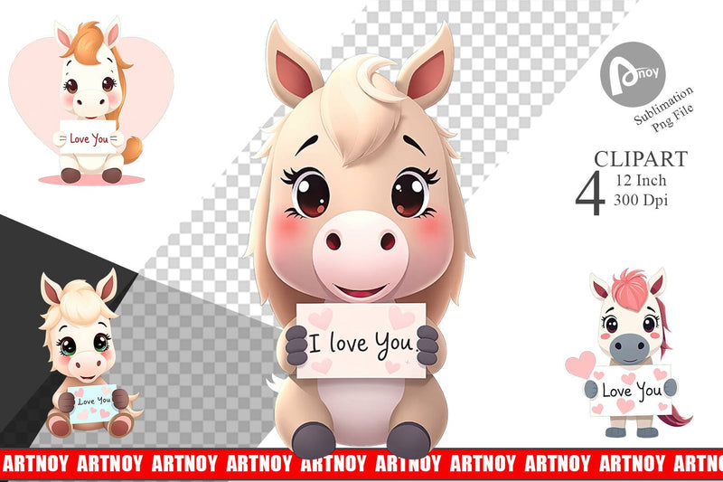 Valentine Horse Cartoon Clipart Sublimation artnoy 