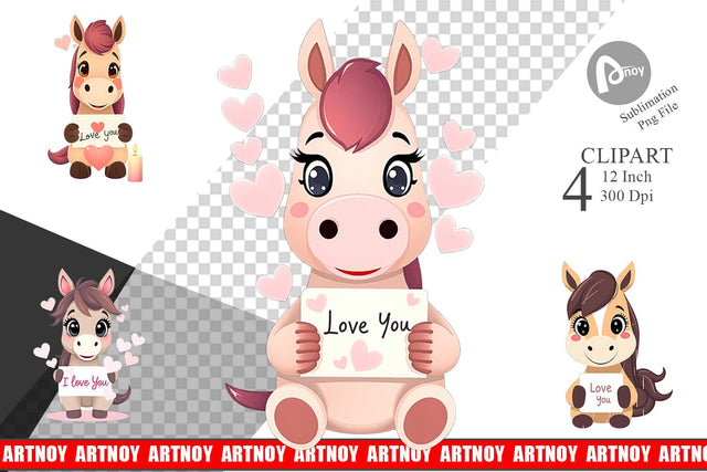 Valentine Horse Cartoon Clipart Sublimation artnoy 