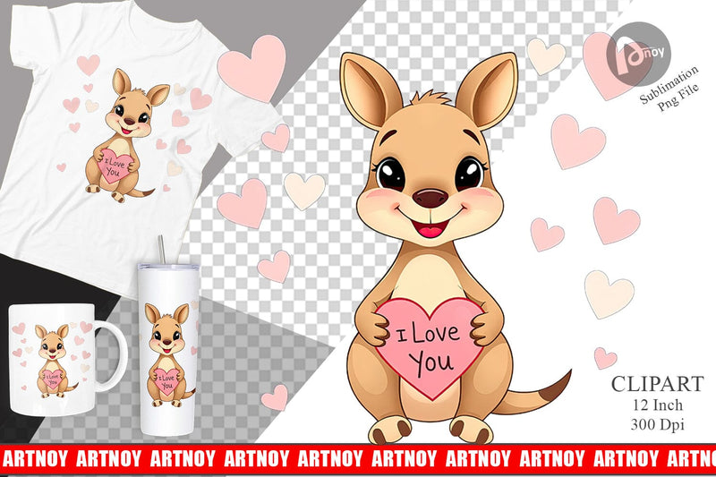 Valentine Kangaroo Cartoon Clipart Sublimation artnoy 