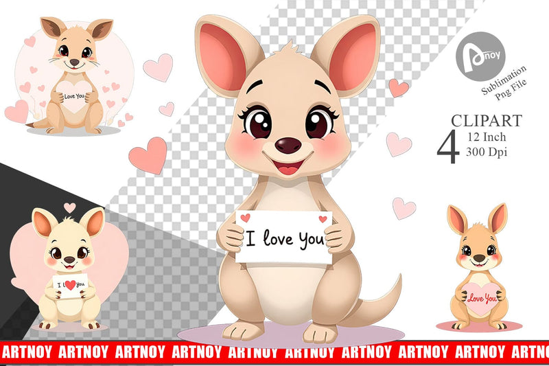 Valentine Kangaroo Cartoon Clipart Sublimation artnoy 