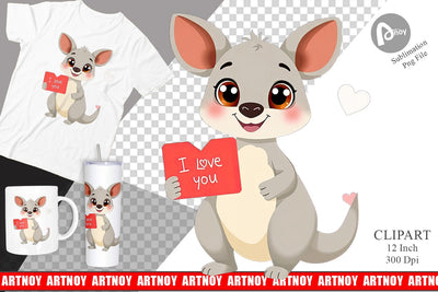 Valentine Kangaroo Cartoon Clipart Sublimation artnoy 
