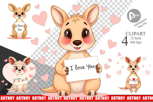 Valentine Kangaroo Cartoon Clipart Sublimation artnoy 