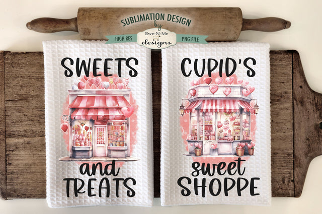 Valentine Kitchen Towel Designs | Cupids Sweet Shoppe | Sweets and Treats Sublimation Ewe-N-Me Designs 