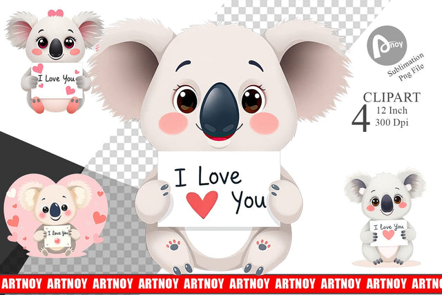 Valentine Koala Cartoon Clipart Sublimation artnoy 