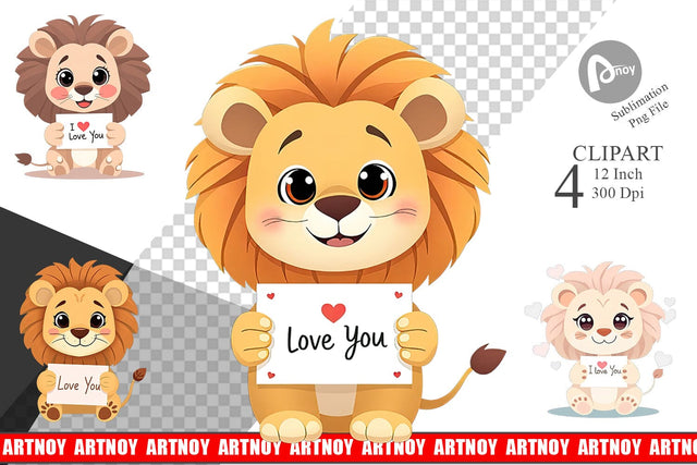 Valentine Lion Cartoon Clipart Sublimation artnoy 
