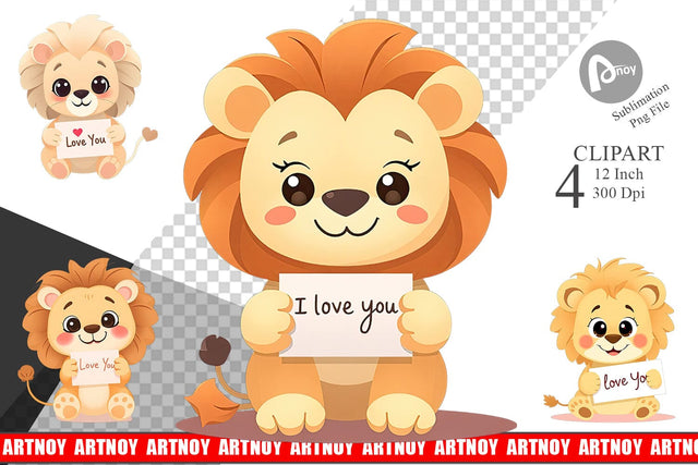 Valentine Lion Cartoon Clipart Sublimation artnoy 
