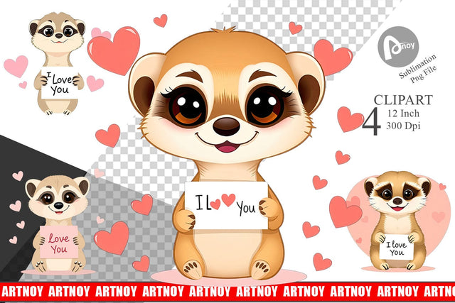 Valentine Meerkat Cartoon Clipart Sublimation artnoy 