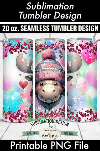 Valentine Moose in Knit Hat 20 oz Seamless Tumbler Wrap Sublimation Ewe-N-Me Designs 