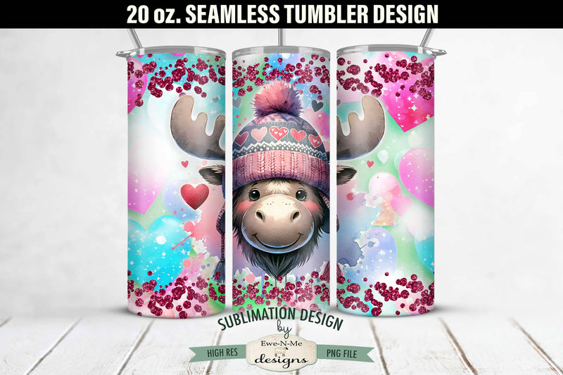Valentine Moose in Knit Hat 20 oz Seamless Tumbler Wrap Sublimation Ewe-N-Me Designs 