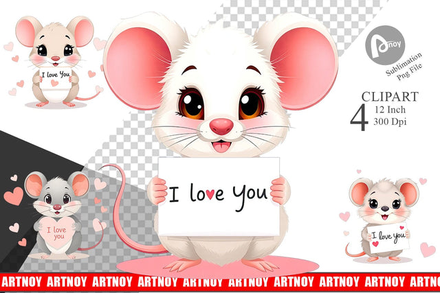 Valentine Mouse Cartoon Clipart Sublimation artnoy 