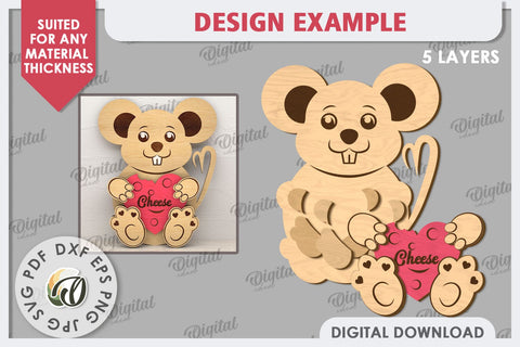 Valentine Mouse with Heart Laser Cut. Cute Animals SVG SVG Evgenyia Guschina 