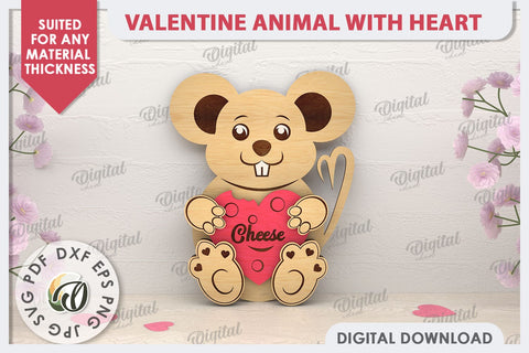 Valentine Mouse with Heart Laser Cut. Cute Animals SVG SVG Evgenyia Guschina 