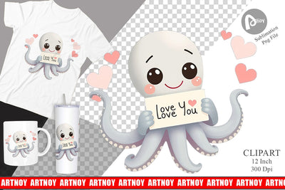 Valentine Octopus Cartoon Clipart Sublimation artnoy 