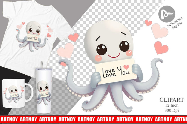 Valentine Octopus Cartoon Clipart Sublimation artnoy 