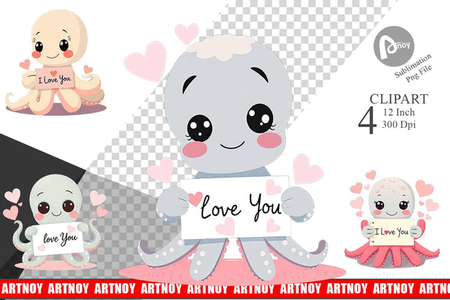 Valentine Octopus Cartoon Clipart Sublimation artnoy 
