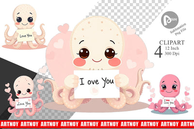 Valentine Octopus Cartoon Clipart Sublimation artnoy 