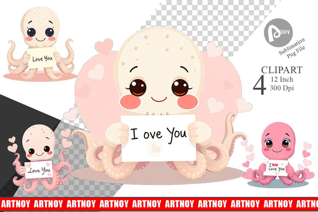 Valentine Octopus Cartoon Clipart Sublimation artnoy 