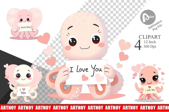 Valentine Octopus Cartoon Clipart Sublimation artnoy 