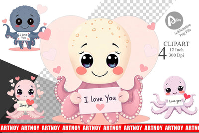 Valentine Octopus Cartoon Clipart Sublimation artnoy 