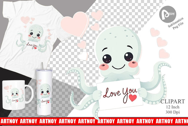 Valentine Octopus Cartoon Clipart Sublimation artnoy 