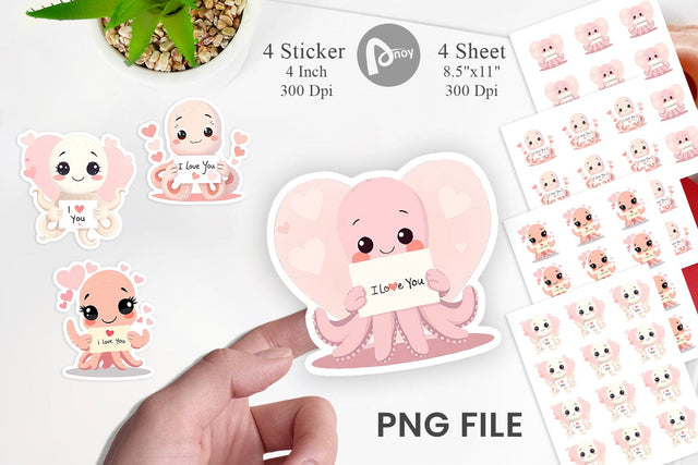 Valentine Octopus Cartoon Sticker Sublimation artnoy 