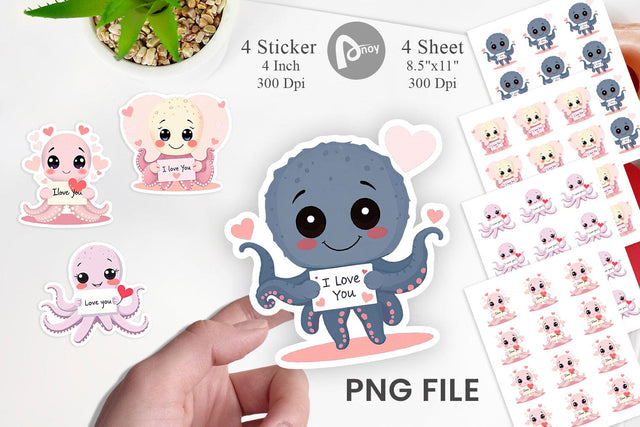 Valentine Octopus Cartoon Sticker Sublimation artnoy 