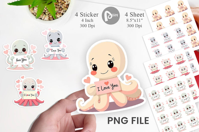 Valentine Octopus Cartoon Sticker Sublimation artnoy 