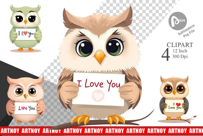Valentine Owl Cartoon Clipart Sublimation artnoy 