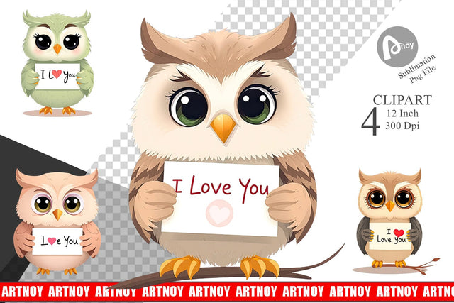 Valentine Owl Cartoon Clipart Sublimation artnoy 