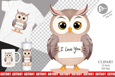 Valentine Owl Cartoon Clipart Sublimation artnoy 